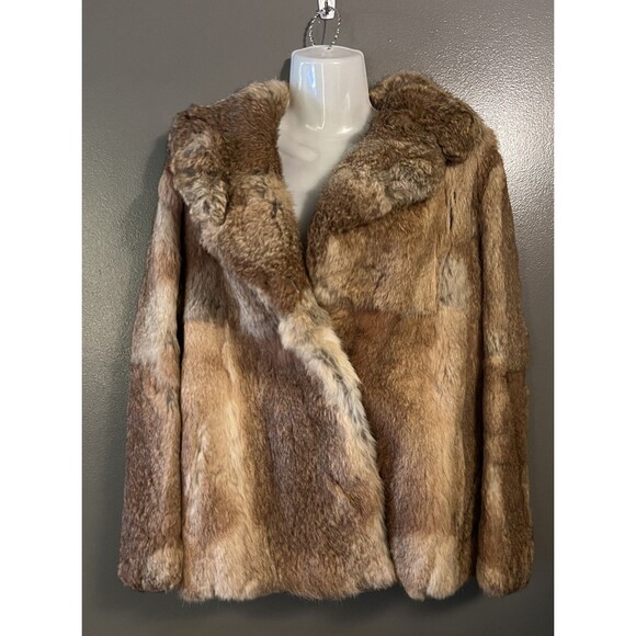 Vintage Fur Coat Womens 40 Patchwork Real Rabbit Hook Closure 70s Hong Kong - Picture 1 of 10